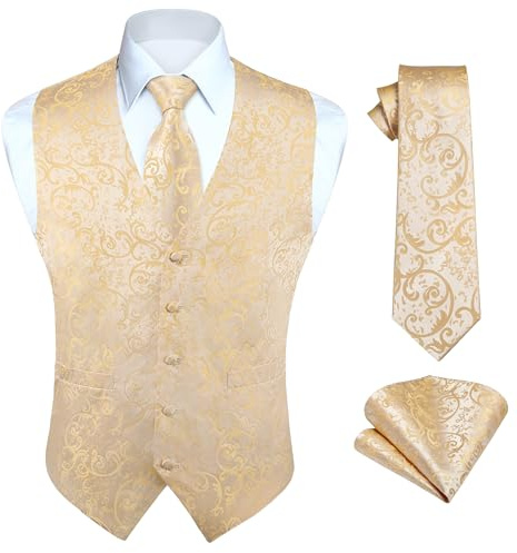 Hisdern herrväst paisley blommönstrad jacquard, slips, bröstnäsduk, näsduk och väst kostymset.