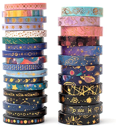 YUBX 30 Rollen Washi Tape Set,Sternenhimmel Masking Tape Goldfolie dekorative Klebebänder, Klebeband Bunt für Kunst, DIY Handwerk, Tagebuch, Hobel, Sammelalbum, Verpackung
