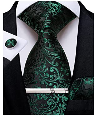 DiBanGu Paisley Ties for Men Silk Necktie and Pocket Square Cufflinks Tie Clip Set Woven Classic Mens Tie for Wedding Party, Emerald Green