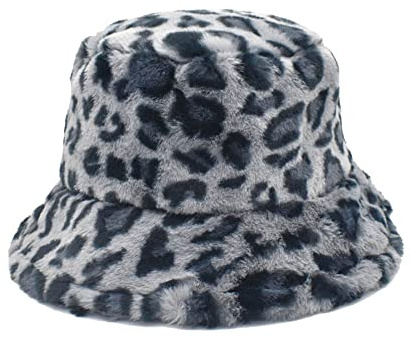 GIVBRO Leopardenmuster Fischerhut Fischerhut Kunstfell Hut Sonnenhut für Damen Herren Winter Herbst Outdoor Dress Up Grau