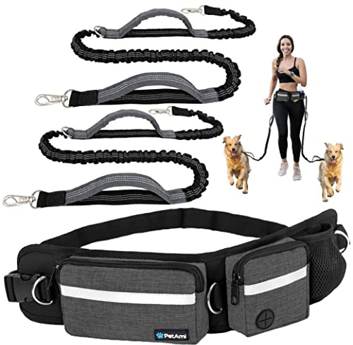 PetAmi Hands Free Dog Leash, Dog Running Leash Belt Bag for Walking, Jogging, Dog Waist Double Zipper Pouch with Poop Bag Dispenser, Dual Padded Handles Reflective Bungee Leash, Double (Charcoal Grey)