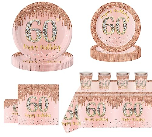 69 piezas de vajilla de oro rosa para fiesta de 60 cumpleaños, 16 invitados, 60 platos de papel de oro rosa para fiesta, mantel, vasos de papel y servilletas, juego de vajilla para mujeres, regalos de