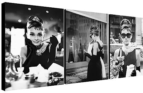 Audrey Hepburn - Breakfast at Tiffany's - Movie Art - Set of 3 Prints - Wrapped Framed Canvas Wall Art - Various Sizes (A1 [81cm x 61cm])