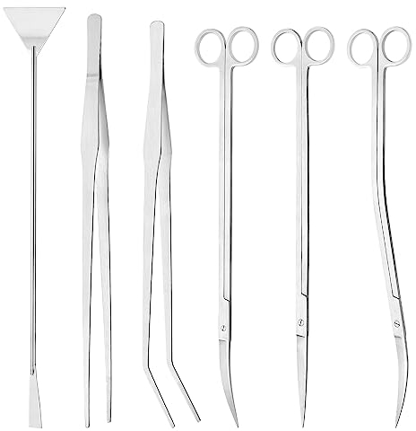 Moendergo 6 PCS Aquarium Werkzeugsatz Edelstahl Aquarium Tank Wasser Pflanze Pinzette Schere Aquarienpflanzen Pinzette Schere Spatel Reinigungswerkzeug Set