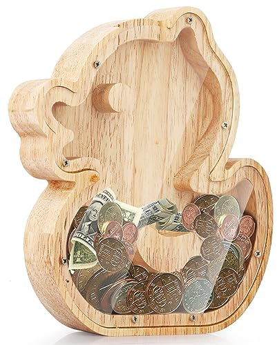 Cyiecw Hucha de Madera para Niños y Niñas - Pequeño Pato Amarillo Transparente, Personalizada para Bebé, Grande, de Seguridad - Regalo de Cumpleaños, Decoración del Hogar