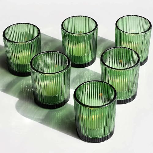 Vohocandle 12 Stück Teelichthalter aus geripptem Glas, grün gerippte Votivkerzenhalter für Hochzeitsfeiern, Tischaufsätze, Teelichtgläser Vintage als Geburtstagsgeschenk