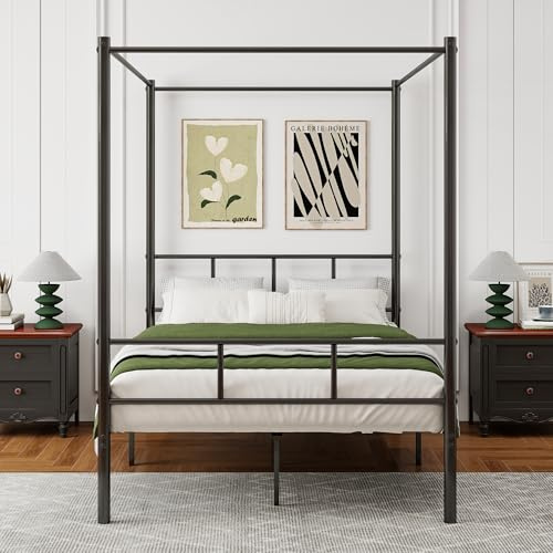 ARFARLY Double Bed Frame, 4 Poster Bed Frame, Black | Metal Canopy Bed Frame with Vintage Headboard and Footboard, Sturdy Metal Frame Premium Steel Slat Support, Under Bed Storage