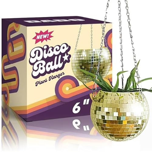 DADO Disco Ball Planter - Disco Planter for Indoor Plants- Disco Ball Plant Hanger - Unique Plant pots - Boho Disco Ball Hanging Planter - Planters for Indoor Plants (Gold, 6)
