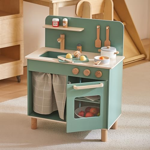Giant Bean Spielküche Kinderküche Holz Kinder Küche mit Waschbecken, Ofen, Kochgeschirrzubehör und Stauraum, Geschenk für Mädchen Jungen 2 3 4 5