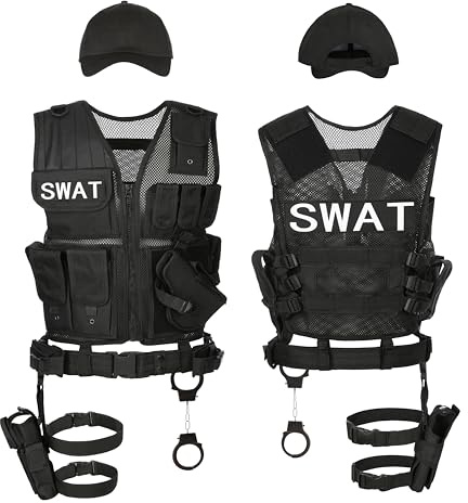 KarneLux Einsatzweste 4in1 SWAT, POLICE, FBI oder UNDERCOVER - Kostüm für Herren und Damen, inkl. Pistolenholster, Gürtel, Handschellen und Cap für Survival, Karneval, Fasching oder Halloween