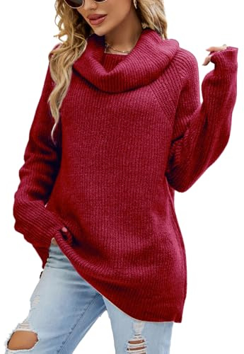 crazy bean Jersey de Cuello Alto Mujer Invierno Largo Pullover Suéter Manga Larga Punto Cable Oversize Elegante Basica Termica Top Turtleneck Sweater Rojo Intenso L