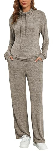Famulily 2 Piece Tracksuit Sets for Women Long Sleeve Cowl Neck with Drawstring Top and Elastic Waist Wide Leg Pants with Pockets Coffee M