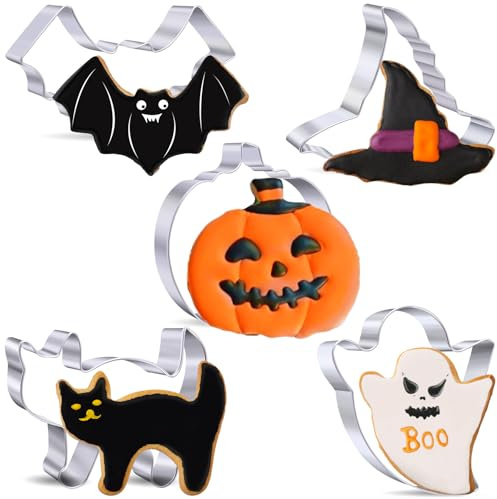 Kimfead Halloween Ausstechformen Set 5 Stück Edelstahl, Keksausstecher – Kürbis, Fledermaus, Hexenhut, Katze, Geist, Ausstechformen für Halloween Party Dekorationen