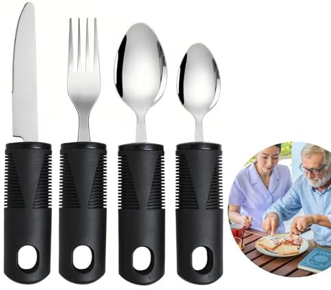 Easy Grip Cutlery Set of 4 Extra Wide Chunky Handles Disability Aids for Disabled Hands with Knife Fork Spoon Ideal Dining aid for Elderly Arthritis Parkinson'Disease Tremors Sufferers Black