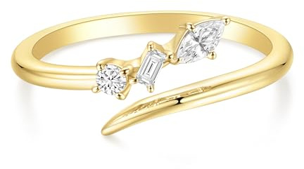 TIGRADE 14k Gold Plated Open Rings Dainty Baguette Marquise Round Cubic Zirconia Stackable Ring for Women Size 4-11, Size 7