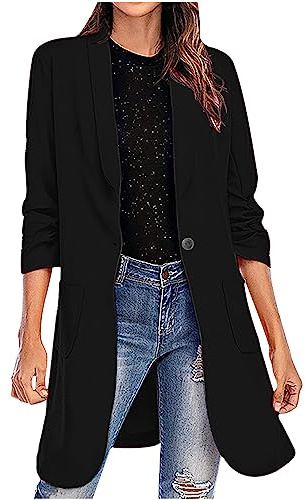 Longblazer Damen Blaser Jacke Lange Mantel Leicht Lässig Damenblazer Stretch Tailliert Cardigan Revers Coat Outwear Elegant Sportlich Arbeitsjacke Business Outfit Große Größen Blazerjacke