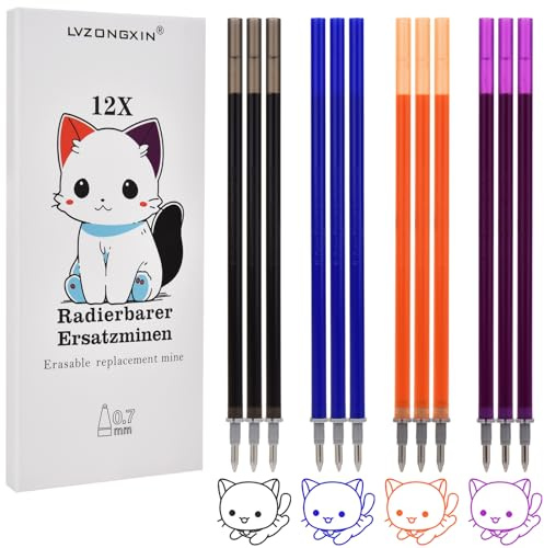 LVZONGXIN löschbare Ersatzminen, Kompatibel Mit Legami, Spitze 0,7mm,Höhe 13 cm, Radierbare Tintenrolle, 0.7 – mittlere Stärke (3 Blau + 3 Schwarz + 3 Lila+ 3 Orange, Ersatzminen)
