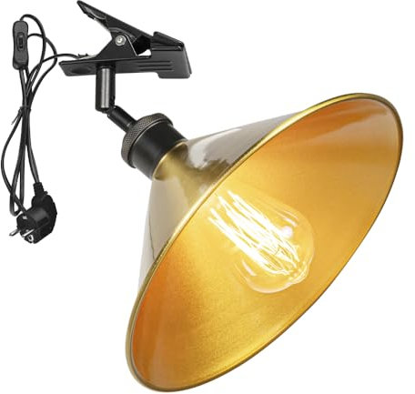 FSLiving Verstellbare Klemmlampe mit E27-Fassung,1 Packung Leselampe mit 1,8 m Kabel, Dimmbar Nachttischlampe,Schreibtischlampe für Büro Heimgebrauch - 26 * 10CM Gold Lampenschirm- TD0603