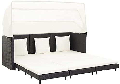 Massbinet Gartensofa Ausziehbares 3 Sitzer Schlafsofa mit Dach Poly Rattan Schwarz