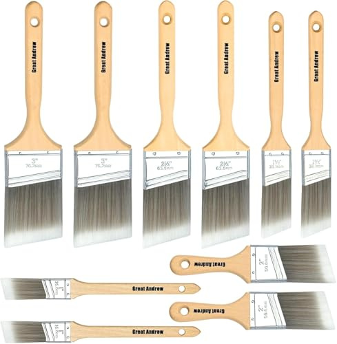 Great Andrew 10 Pack Paint Brushes Bulk (1 1.5 2 2.5 3) Set, Angle Sash Brushes for Trim, Walls, Wood, Stain Brushes for Painting House & Exterior, Latex, Oil