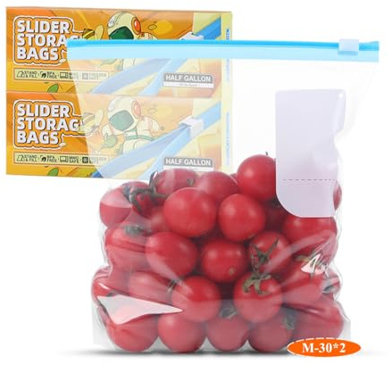 TAIYUNWEI 60PCS Zip Lock Food Storage Freezer Bags,Reusable Sandwich Bags | with Expandable Bottom–Freezer and Microwave Safe, for Sanwich, Fruit, Snack, Veggie, Grain, Meat (60 Pack-Half Gallon)