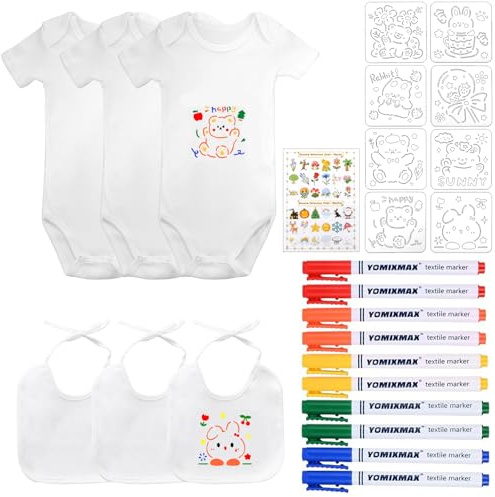 KingYH 6 Stück Bodys zum Bemalen und Baby Lätzchen zum Bemalen 12 Monate | Kurzarm Body und Lätzchen Set mit Bunte Textilstiften und Schablonen für Babyparty Spiele DIY Babyshower Deko Gender Reveal