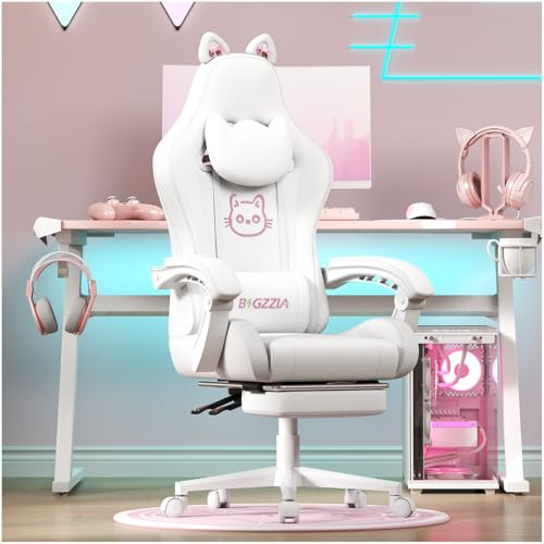 Bigzzia Gaming Chair Cute with Cat Ears and Massage Lumbar Support, Ergonomic Computer Chair for Girl with Footrest and Headrest (All White) | Massage Lumbar Support, Reclining Range 90°-155° with Footrest for Nap, Gifts for Women Girls