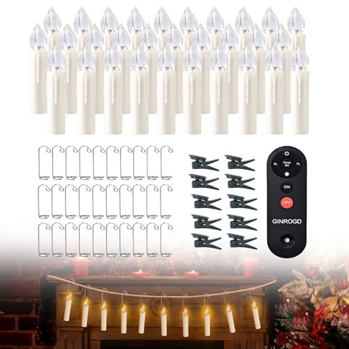 UISEBRT Set di 30 candele elettriche a LED senza fili per albero di Natale, con telecomando e timer, candele a LED, colore bianco avorio, decorazioni natalizie per Halloween, matrimoni, giardini