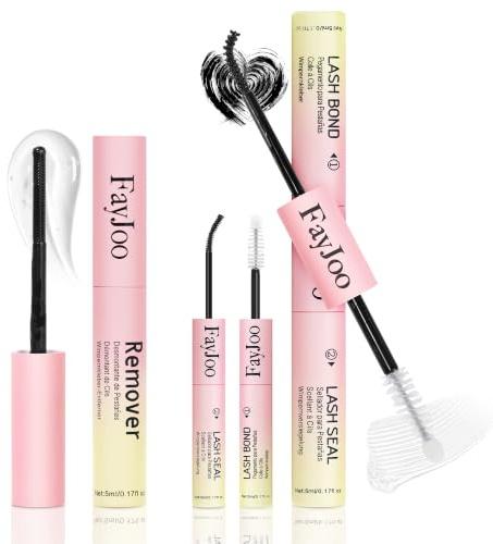 FayJoo 3-in-1 Wimpernkleber & Versiegelung & Entferner, 5 Tage Haltbarkeit, Hypoallergen Schnelltrocknend Wasserfest, Starker Flexibler Halt für Cluster-/Einzel-/Bänderwimpern, 5ml Jeweils, Schwarz