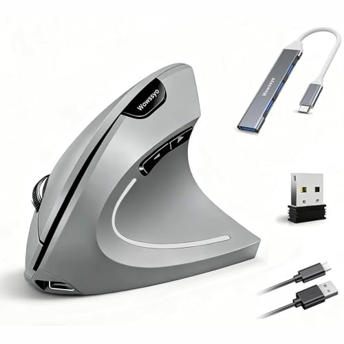 Wowssyo ergonómico Ratón Vertical inalámbrico 2.4G, Bluetooth Ratón Recargable para Windows y Mac OS, óptico, 800/1200/1600 dpi, 5 Botones - Gris
