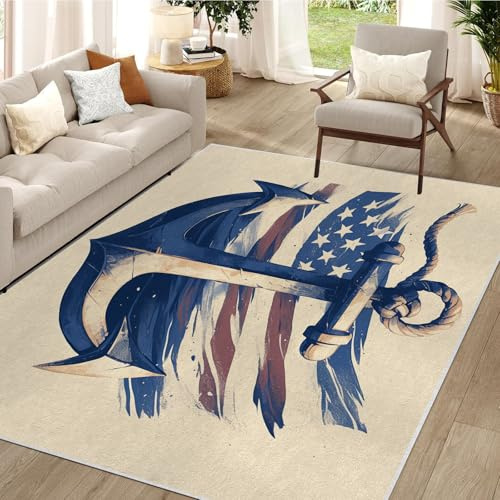 buyluhn Waschbarer Kurzflor-Teppich 140x200 - Anker amerikanische Flagge Teppiche - Vintage Dünn Saugfähig Carpet Für Wohnzimmer Schlafzimmer Jugendzimmer Jungen Mädchen Oder Als Bettvorleger QY12