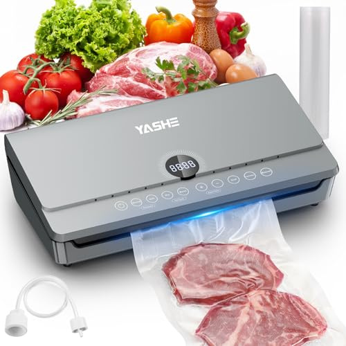 YASHE 80KPA Vacuum Sealer Machine with One-Touch Magnetic Lid, 10-in-1 Double Heat Seal & Double Pump Food Vacuum Sealer Machine, Integrated Roll Storage, Includes 1 Roll of Vacuum Bags