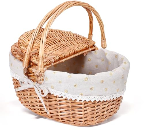 Wicker Picnic Basket Cesto Picnic in Vimini Fatto a Mano, Grande Cesto Portaoggetti con Doppio Coperchio Ribaltabile & Manico Pieghevole per Picnic all’Aperto, Spiaggia,Deposito Hiking, BBQ