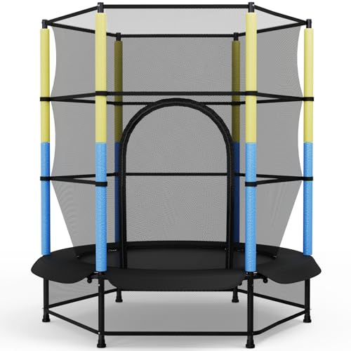 LIFERUN 140 cm barntrampolin, inomhus/utomhus med säkerhetsinnefattning, golvvärmningsnät, förstärkt stålram, småbarnstrampolin för ålder 3-10 år