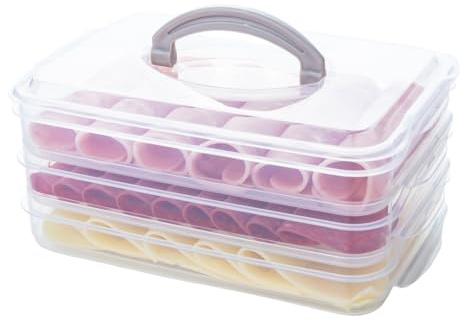 QILZO Porta Embutidos Transparente Apilable 1L+1L+1L con Asa | Fiambrera | Sin BPA | Apto para Lavavajillas y Congelador | 3 Compartimentos Apilables | Recipiente para Embutidos y Fiambres, Bento Box