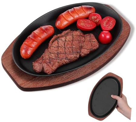 ARTIBETTER Poêle à Griller à Steak en Fonte 10 Pouces avec Rainures Antidérapantes, Plaque Épaisse pour Barbecue et Cuisson Maison, Plateau en Bois pour Service, Compatible Induction