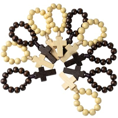 YAPKOLV Rosarios de Madera Decenarios con Cruz para Dedo, 10 Piezas (5 Madera, 5 Café), Ideales para Bautizo, Comunión, Confirmación y Regalos Religiosos