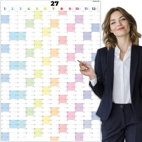 PACKLIST® Calendario Anual 2027 Pared Grande - Planificador 2027 Vertical Tamaño Póster DIN A1 (84x60 cm), Diseño Colorido, Planning Anual 2027, Calendario de Pared Grande para Oficina y Hogar