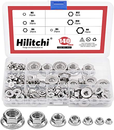Hilitchi 140-Pcs M3 M4 M5 M6 M8 M10 M12 Hex Flange Nuts Assortment Kit - 304 Stainless Steel