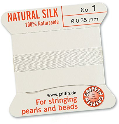 Griffin - Filo/cordino/corda per infilatura di perle e perline, al 100% in seta natural, da 2 metri di lunghezza, con un ago, disponibile in 13 misure, colore: bianco, White, 0.35mm