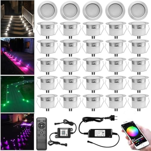 INDARUN WLAN Bodenstrahler Außen 30er Set, RGB, Kompatibel mit Alexa,Google Home, LED Bodeneinbaustrahler Aussen, IP67 Wasserdicht, DC12V, Ø45mm, Terrassenbeleuchtung, Bodenleuchten Außen