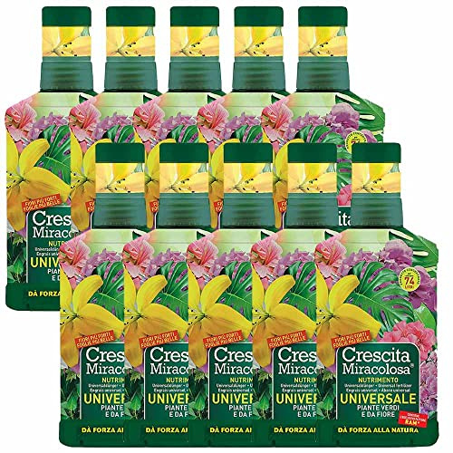 Crescita Miracolosa Concime Liquido Universale Set 10 Pezzi | per Piante Verdi e da Fiore 750 ml| L'unico col Fattore RAM| Concentrato per Ottenere 74 Litri di Concime Multiuso