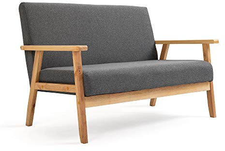 Mingone 2 Sitzer Sofa Gepolsterter Skandinavischer Stil Massivholz Sofa Couch Modern Sessel Holz und Leinenstoff für Wohnzimmer Schlafzimmer Grau bis 250kg