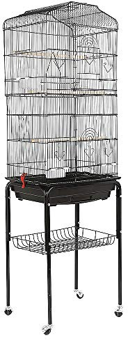 YJIIJY Volière pour Oiseaux Cage sur roulettes, Grande Volière Cage Oiseaux, pour Perruche Calopsittes Inséparables Mandarins Canaris, 46 x 35,3 x 150,6 cm, Schwarz
