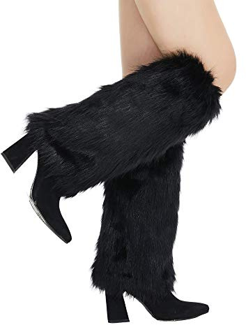 RECECASA Faux Fur Leg Warmers for Women, Fluffy Boot Cuffs Covers for Halloween, Christmas,Furry Costume Cute Cosplay (Black L, 15.7 inch)