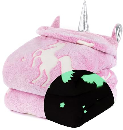 Wicked Gizmos Glow in the Dark Fluffy Throw Over Blanket with Hood in Soft and Plush Faux-Fur Microfibre Fleece Finish for Bed, Sofa or Couch (Pink Unicorn)