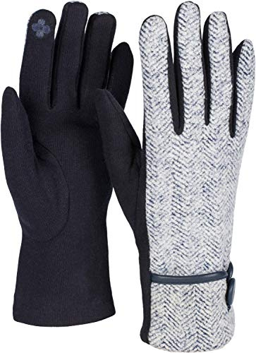 styleBREAKER Damen Touchscreen Handschuhe Fischgrät | Wärmendes Fleece-Innenfutter, Zierknopf-Detail, leitfähige Fasern am Zeigefinger, elastische Passform (16-21 cm Umfang).