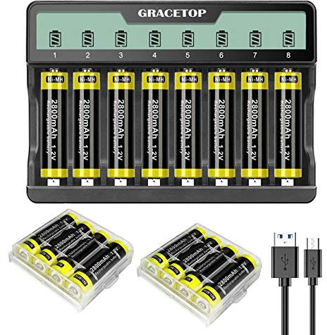 Caricabatteria Universale 8 slot per Caricabatteria Individuale per Batterie Ricaricabili Ni-MH AA AAA,con LCD Display e Micro USB e Type-C,Caricatore + 2800mAh AA Pile Ricaricabili da 16 pezzi