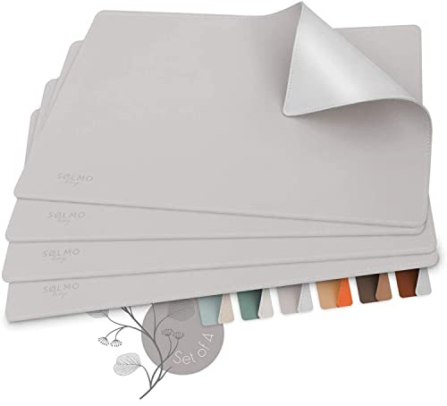 Sølmo Designer Tischset aus PU-Leder - Hitzebeständig Zweifarbig - 4er Platzset Abwischbar, Platzdeckchen für Kinder (Lilac Grey/Silver)