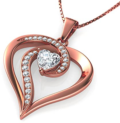 DEPHINI - Collar Corazón Plata de Ley 925 para Mujer: Colgante con Circonita Cúbica, Joyería Elegante, Idea de Regalo Original de Cumpleaños y Aniversario, Caja de Regalo Incluida (Oro rosa 5)